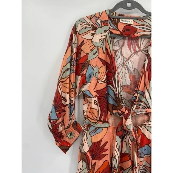 Nicholas Asilah Tropical Floral Print Orange Tie Front V-Neck Midi Dress Size 10